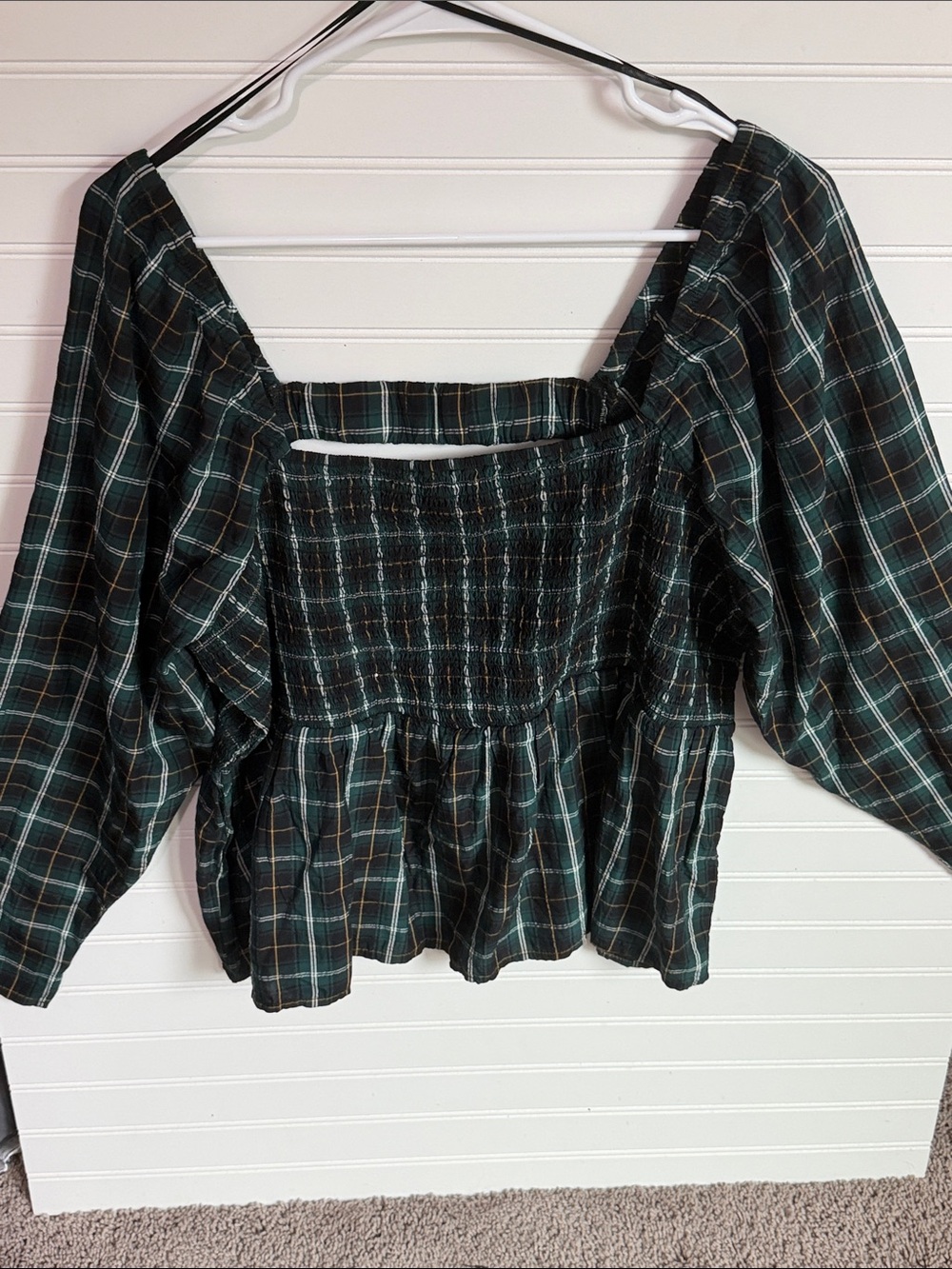 Old Navy Dark Green Plaid Smocked Peasant Blouse